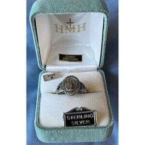 Miraculous Medal with  CZ Stones Sterling Silver Ring for Women & Men Size 8